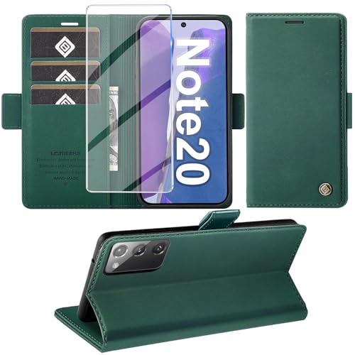 Giyer Handyhülle für Samsung Galaxy Note 20 Hülle mit Schutzfolie, Schutzhülle Galaxy Note 20 5G PU Leder Wallet Flip Hülle Standfunktion Kartenfach Klapphülle für Samsung Note 20 Cover (Grün)
