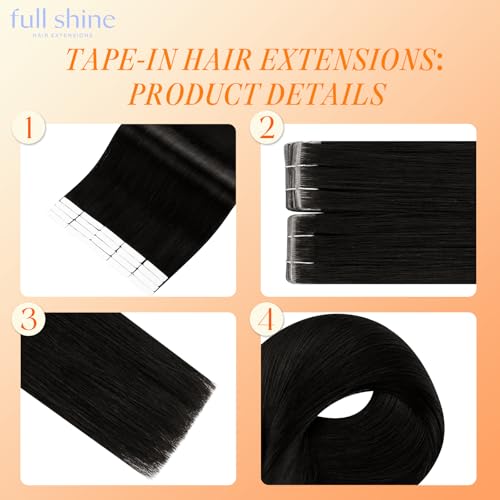 Image of Full Shine Injected Tape in Hair Extensions, 1B Natural Black Human Hair Extensions, 22 Inch 20pcs 50g Invisible Seamless Skin Weft Double Sided Tape ins, Party Easy Install