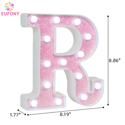 Image of Pink Glitter Marquee Light Up Letters, Battery Operated LED Letter Lights Signs for Pink Birthday Party Table Decorations, Wall Decor for Girls Bedroom, Initial Letter R with Cool White Lights