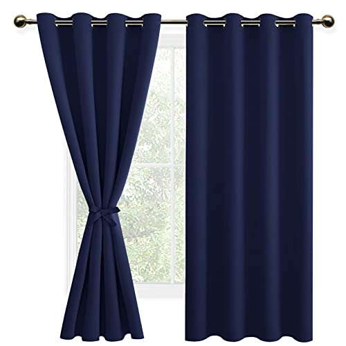 DWCN Navy Blue Blackout Curtains with Tiebacks for Bedroom Thermal Insulated Solid Eyelet Curtains for Living Room,2 Panels,52" Wide x 63" Drop