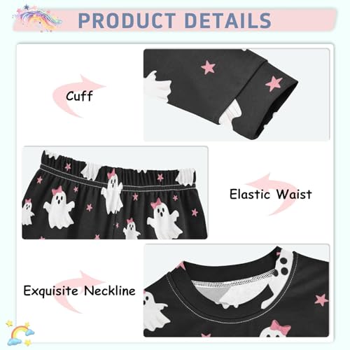 Pajama Sets Long Sleeve Cute Ghosts with Pink Bows Soft Comfy Sleepwear 2 Piece PJS 3-8T4