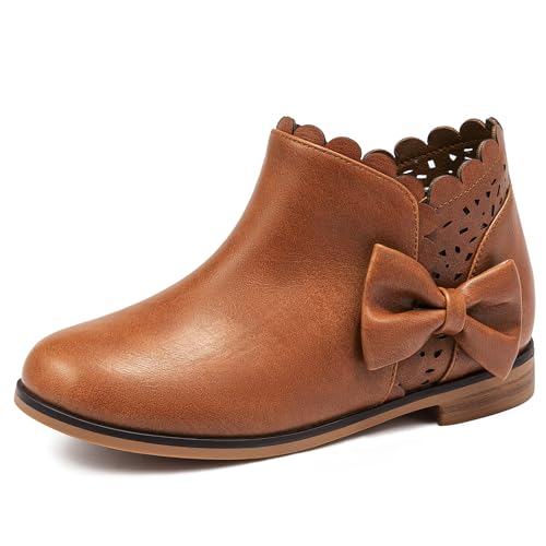 Dufannie Girls Ankle Boots Bow Kids Dress Booties Low Heel Side Zipper Slip on Fashion Ruffled Fall Boot for Toddler Little Big Kid