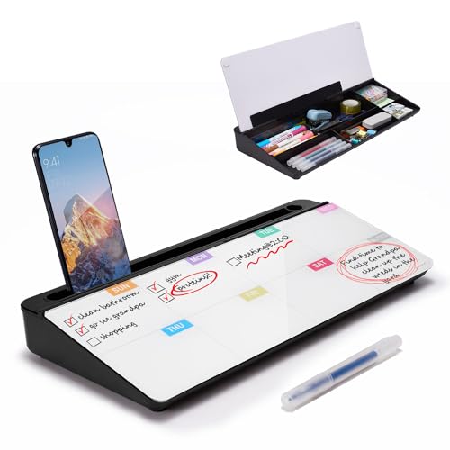 Image of TSJ OFFICE Whiteboard Weekly Dry-Erase-Board - Desktop White Board Calendar Desk Organizers with Accessories Computer Keyboard Stand with Drawer, for Office, Home, School Supplies - Black Calendar