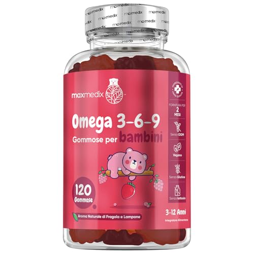 Omega 3 per Bambini, Antiossidante, Vegan Omega 3, Olio di Perilla (ALA 60%) 400mg, Vit E, Omega 3 6 9, 120 Gommose, 2 Mesi, Aroma Fragola e Lampone, Omega 3 Bambini, Senza Glutine, Lattosio, né OGM