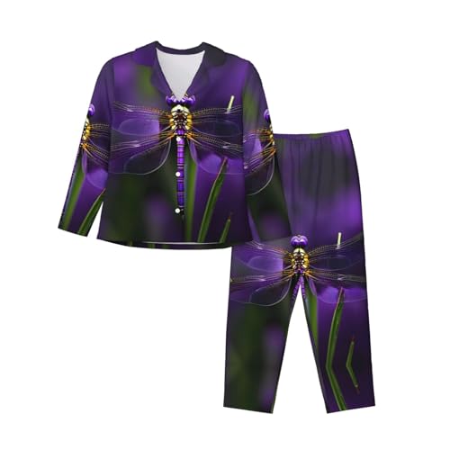 Pyjama 2 pièces à imprimé libellule violet et manches longues ultra doux