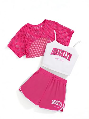 Ecolala Girls Summer Outfits 3 Piece Cami Top and Short Sleeve Mesh Tee Kids Shorts Set Red 9-10Y