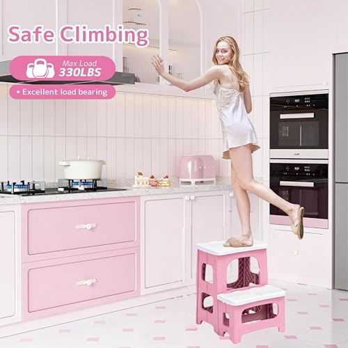 Image of 2 Step Stool Foldable, Non-Slip Steps, Folding Step Stool for Adults, Plastic Stool Pool Ladder, Collapsible Stools 2 Step Ladder for Kitchen Toilet Bedroom Office RV, Holds 330 lbs