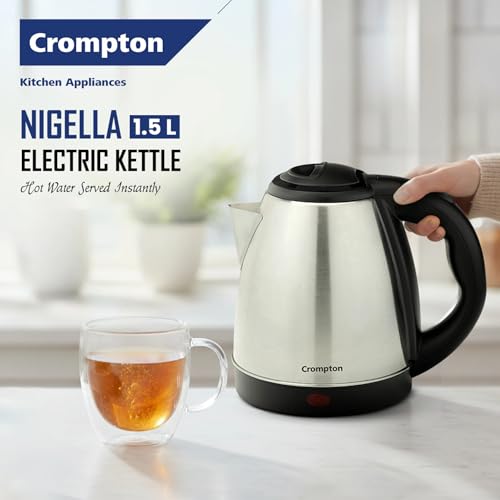 Image of Crompton Nigella 1.5L 1350W Stainless Steel Electric Kettle | Fast Boil | Auto Shut-Off | Dry Boil Protection | Cool Touch Handle | 360 Swivel Base | Black & Silver