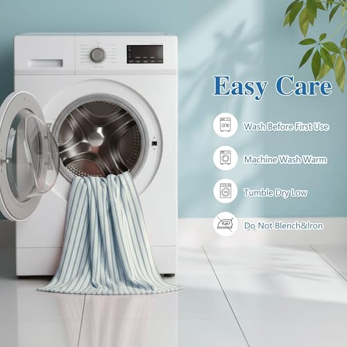 Image of Cortina Stripe Printed Towels for Bath (70 x 140 cm) 380 GSM Microfiber, Ultra Soft, Highly Absorbent & Quick Dry for Gym, Beach & Bathroom Towels for Men, Women & Kids (Light Blue Strip)