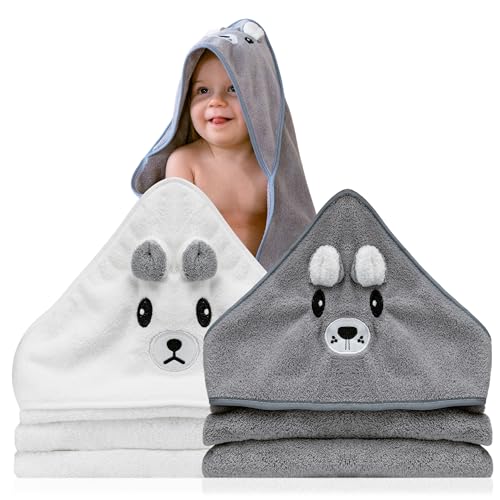 BABYBRIDGE 2 Unidades Toalha Bebé – Presente Recém-Nascido Menino – Toalhas Bebé com Capuz de Animais 0-3 Anos – Albornoz Banho – Capa de Banho – Presentes para Bebés Recém-Nascidos (Branco/Cinza)