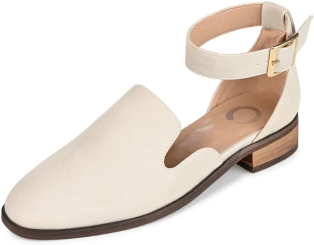 Journee Collection Womens Loreta Flat in Medium and Wide Widths with Ankle Strap, Ivory, 11