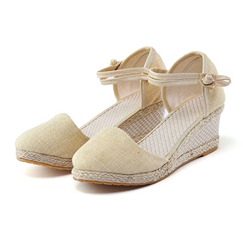 Women's Ankle Strap Closed Toe Espadrille Wedge Heels Sandals Retro Casual Buckle Strap Ladies Platform Summer Shoes #TOP4