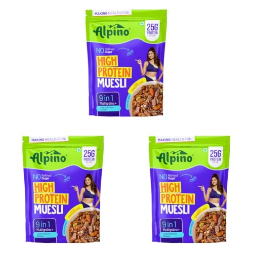 Image of ALPINO Protein-Rich Super Muesli Chocolate 400g - 61% Whole Grains, 14% Nuts & Cookies - 17% Protein, Source of Dietary Fibre & Healthy Fats (Pack of 3)