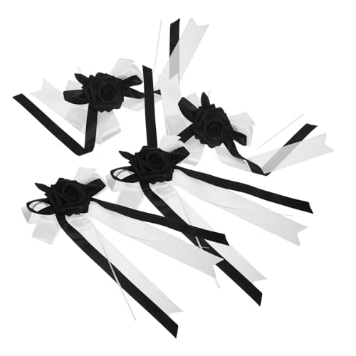 VALICLUD 4 Piezas Decoración Floral Funeraria con Lazo Negro y Rosa Artificial para Coche Adorno Versátil para Manillas de Puerta Espejos Retrovisores y Decoración de Ceremonias