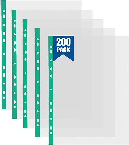 200 Pcs Plastic Wallets A4 Punched Pockets A4 Clear 60 Micron Strong Plastic Wallet Sleeves Top Opening Poly Pockets for Ring Binder Folders Green Edge