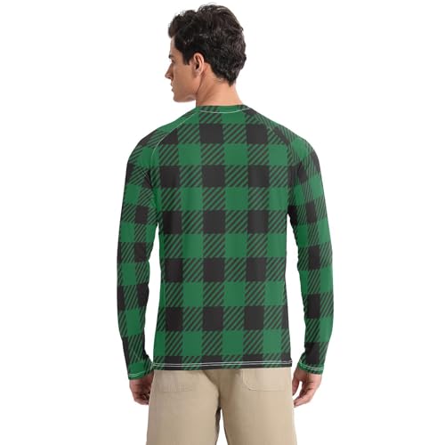 Green Black Plaid Long Sleeves UPF 50+ Classic Crew Neck Elasticity Rash Guard Long Sleeve Beach2
