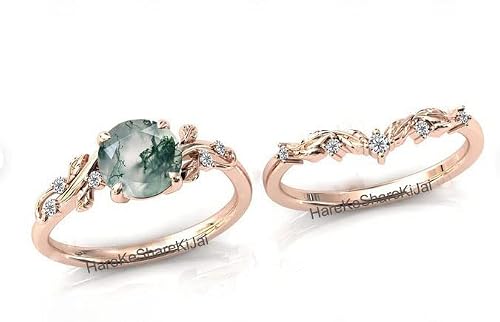 Leaf Moss Agate Ring, Set Of 2Pcs, Moss Agate Engagement Ring, Black Rhodium Moss Agate Ring, Round Gemstone Ring, Vintage Ring For Women, Engagement And Wedding Ring, Leaf Ring Sterling Silver #TOP5