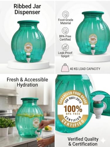 Image of 10 Litre Water Dispenser Jar with Tap | Food Grade Plastic | Leak Proof Spigot | BPA Free Storage Container for Home Kitchen Office (Green)
