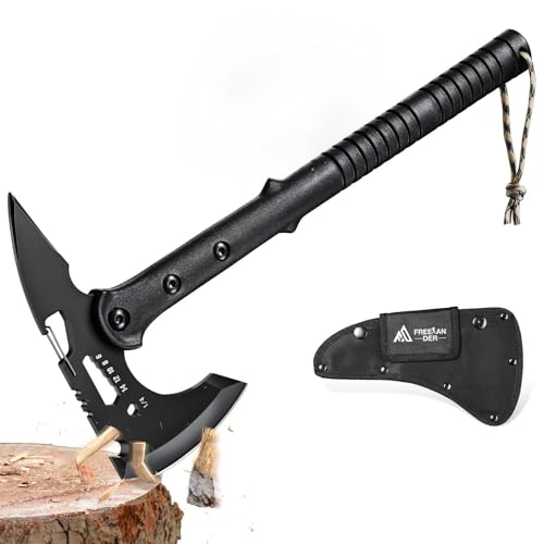 Freelander Ascia da Sopravvivenza con Punta, Accetta da Campeggio Affilata con Fodero in Nylon, Multitool Outdoor per Spaccare Legna, Manico in ABS, Bushcraft Avventura, Regalo per Uomo