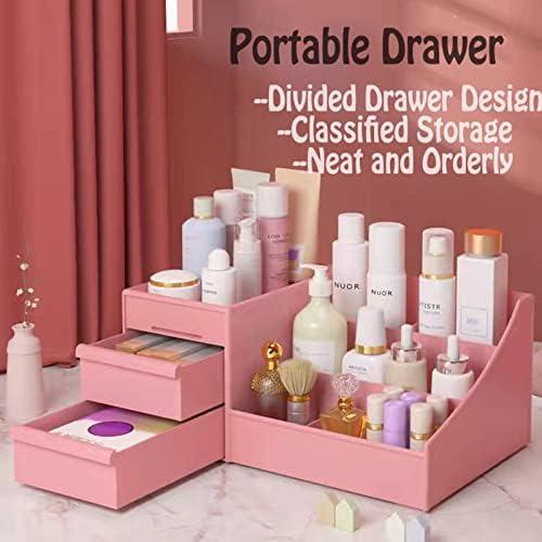 SUPPRUI Makeup Organiser with Drawers,Dressing Table Organise Bathroom Countertop Organizer for Cosmetics,Vanity Storage for Lipstick, Brushes, and Lotions (Pink)