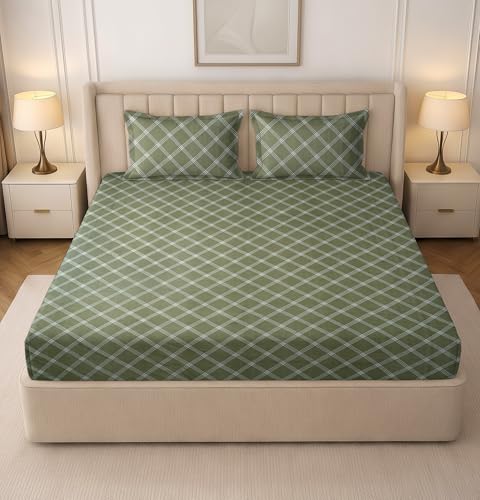 Image of RD TREND Cloud Cotton Double Bed Bedsheet-90x100 Inches with 2 Matching Pillow Covers (18x28Inch | Queen Size Bed Sheet 210 TC Soft & Breathable | (Lines-Green)
