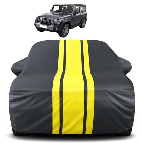 Image of Auto Hub Car Cover Compatible with Mahindra Thar (Model : 2020-Till Date) with Mirror Pocket, Soft Cotton Lining, Thar Car Cover Waterproof - Yellow-Black