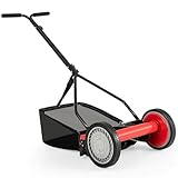 IRONMAX Lawn Mower, 14 Inch Push Reel Lawn Mower with 5 Steel Blades, Adjustable Cutting Heights, Grass Catcher Bag, Walk-Behind Manual Lawnmower for Garden Park Yard, No Motor (Red, 14 Inch)