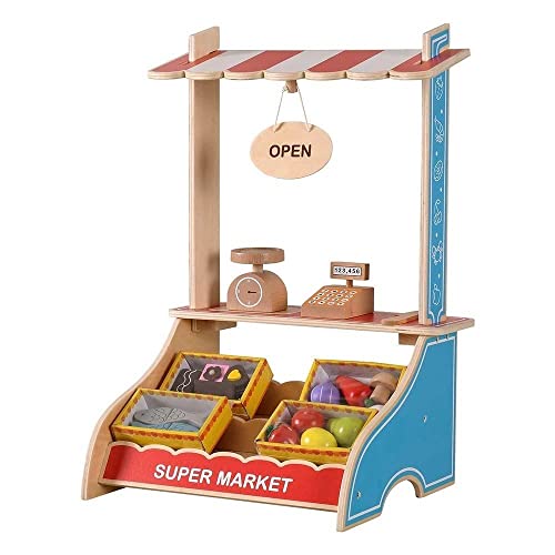WOOMAX - Supermercado de Juguete de Madera con Accesorios Comida Juguete, Caja registradora Juguete, Complementos cocinitas (85387)