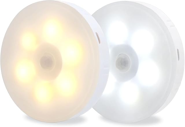 Akynite Indoor Motion Sensor Light 3 Colours Changing, USB Rechargeable Night Light Magnetic Sticky Light, 0.5W LED Sensor Stair Lights, Wireless Night Light for Cupboard Wardrobe Bathroom, 2 Pack