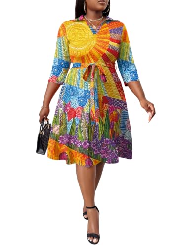 Image of FANDEE Plus Size Midi Dress for Women - Printing Summer Dresses for Wedding Guest Cocktail Party 3 /4 Sleeve V Neck(L-5XL)