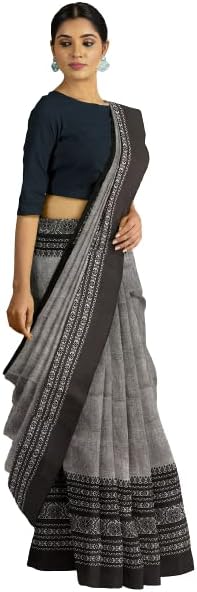 Bong ButiQ Women's Begampuri Cotton Blend Soft Handloom Saree (Ash-Black)