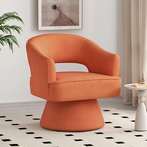 SEYNAR Silla giratoria moderna de mediados de siglo, sillón giratorio de terciopelo de 360 grados, silla tapizada a rayas para sala de estar, sofá, dormitorio, sala de lectura, salón (naranja)