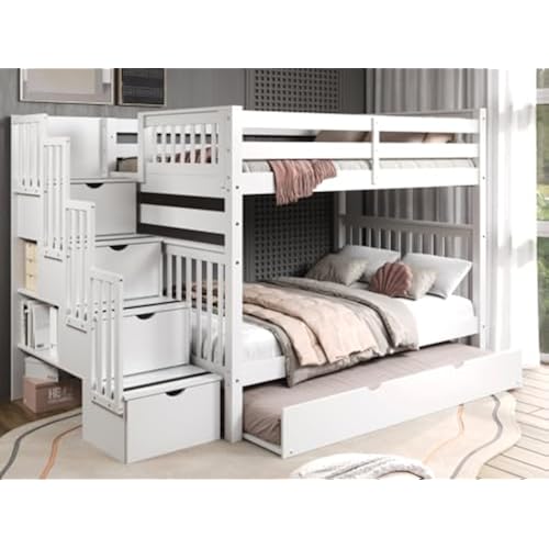 Bedz King Stairway Bunk Beds Full Over Full, 4 Step Drawers, Twin Trundle, White