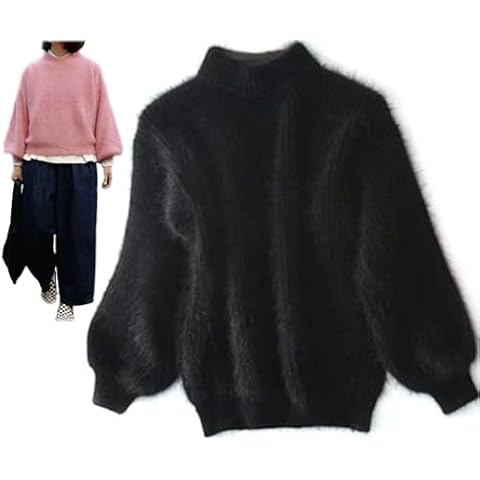 KEYULI Lady Winter Angora Cashmere Blend Loose Warm Sweater, Solid Color Crewneck Knit Pullover Sweater Fluffy Plush Jumper (Black,One Size) Cover