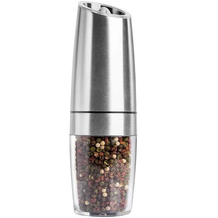 Electric Pepper Grinder-or Salt Mill Spice Tall Power Shaker, Silver Gravity Control Battery Powered with Blue LED Light, Adjustable Ceramic Coarseness