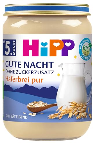 HiPP Bio Gute Nacht Haferbrei pur (6 x 190g), Babybrei ab 5. Monat, ohne Zuckerzusatz, gut sättigend, in bester Bio-Qualität