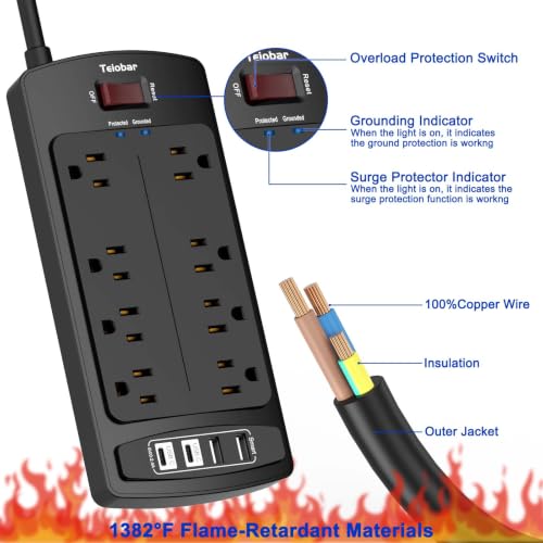 Image of Surge Protector Power Strip - Teiobar Flat Plug Extension Cord with 8 Outlets and 4 USB Ports, 10 Feet Power Cord, 2700 Joules, ETL Listed, Black
