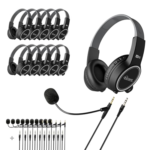 MEE audio KidJamz 100-Pack Classroom School Headphones, Adjustable On-Ear Student Headsets with 3.5mm Jack, Boom Mic, Volume Limiting, Durable Design, Detachable Cords, Bulk 100pk + 200 Cables (Black)