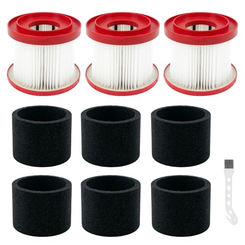 3 Pack 49-90-1900 Wet Dry Vacuum Filter Replacement Compatible with Milwaukee Shop Vac Filter M18 Vacuum Filter 0780-20 0880-20 with 6 Foam Sleeve Filters and 1 Cleaning Brush