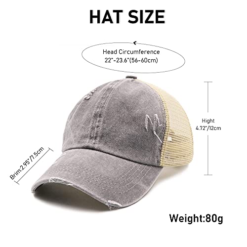 Promindfun Womens Ponytail High Messy Bun Hats Distressed Baseball Caps Unconstructed Washed Dad Hat Girls Trucker Ponycaps (02-Light Gray) #TOP2