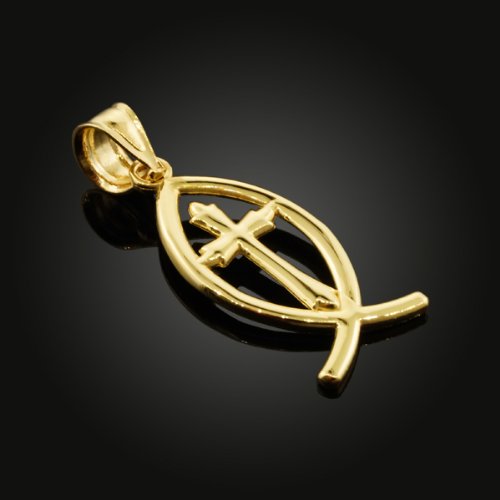 10K Yellow Gold Jesus Cross Charm Ichthus Christian Fish Pendant #TOP1