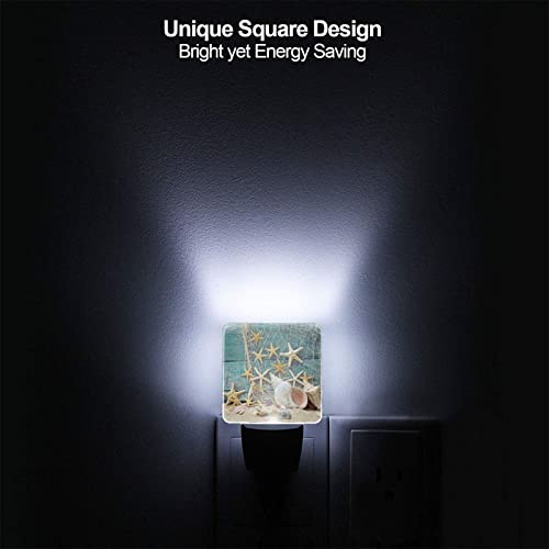 Sand And Starfish On Blue Wooden Led Night Light Auto Sensor Dusk To Dawn Night Light Plug In Indoor Decorative Nightlights For Bedroom Bedroom Hallway Baby's Room #TOP4