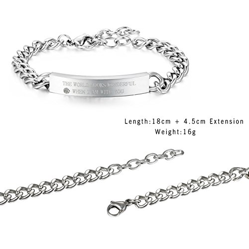 Flongo His Hers Couples 2Pcs The World Looks Wonderful When I Am With You Stainless Steel Wedding Valentine Gift Link Bracelet, Christmas New Year Gift Bracelet Set #TOP4