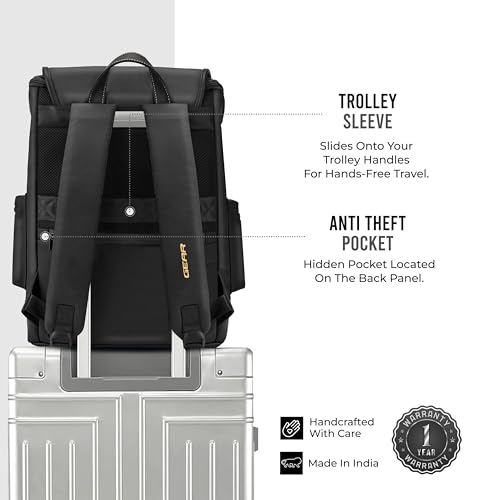 Image of Gear Classic 16.5 inch /21L Medium Water Resistant Faux Leather Anti Theft Knapsack | Laptop Bag | Casual Bag | Travel Bag for Men /Women (Black - Black)
