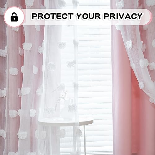 Image of MYSKY HOME Light Blocking Pink Curtains for Living Room White Sheer Pom Pom Kids Room Decor Drapes 102 Inches Long Double Layer Curtain for Sliding Door Grommet Window Panels Set of 2 52 inch x 102 inch