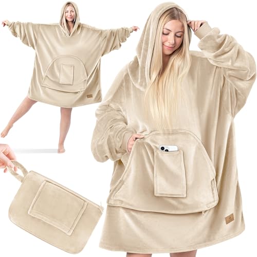 KESSER® Hoodie Decke Kuscheldecke mit Ärmeln Deckenpullover Vielseitig Tragbare Decke zum Anziehen für Damen & Herren, Sweatshirt Warm Kuschelpullover Erwachsene weich Ärmeldecke Oversize Beige