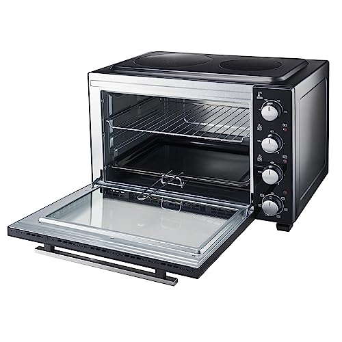 Cooks Professional Mini Portable Oven with Ceramic Hobs | Energy Efficient Electric Countertop Cooker with Two Hot Plates & Wire Rack Baking Tray | Kitchen Grill Ovens | 48L Capacity | Black & Silver