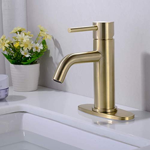 TRUSTMI Single Hole Brushed Gold Bathroom Faucet w/Deck Plate & Drain by TRUSTMI - Used condition - Image 2