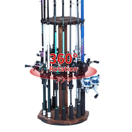 Lnmuzm 360 Degree Rotating Wood Fishing Rod Holder, fishing pole holders for garage up to 16 Fishing Rods, Fishing Gear Equipment Storage Organizer for Garage, Basement, or Shed Round