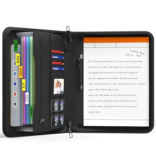 JUNDUN 2500℉ Portfolio Binder with 7 Pockets File Folder,Upgraded Material Fireproof Business Portfolio with Zipper,Professional Portfolio Organizer for 10.1 inch Tablet,Letter Size Documents,Cards
